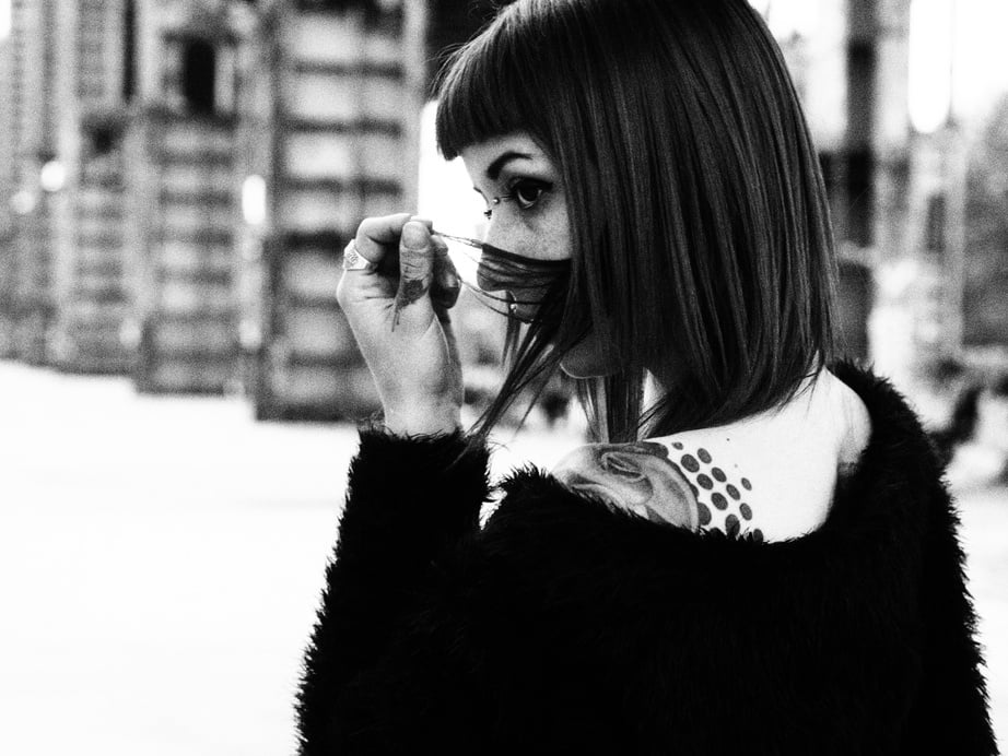 tattooed girl black and white portrait